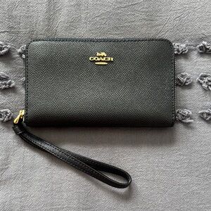 Coach Navy Leather Wristlet with Gold Accents